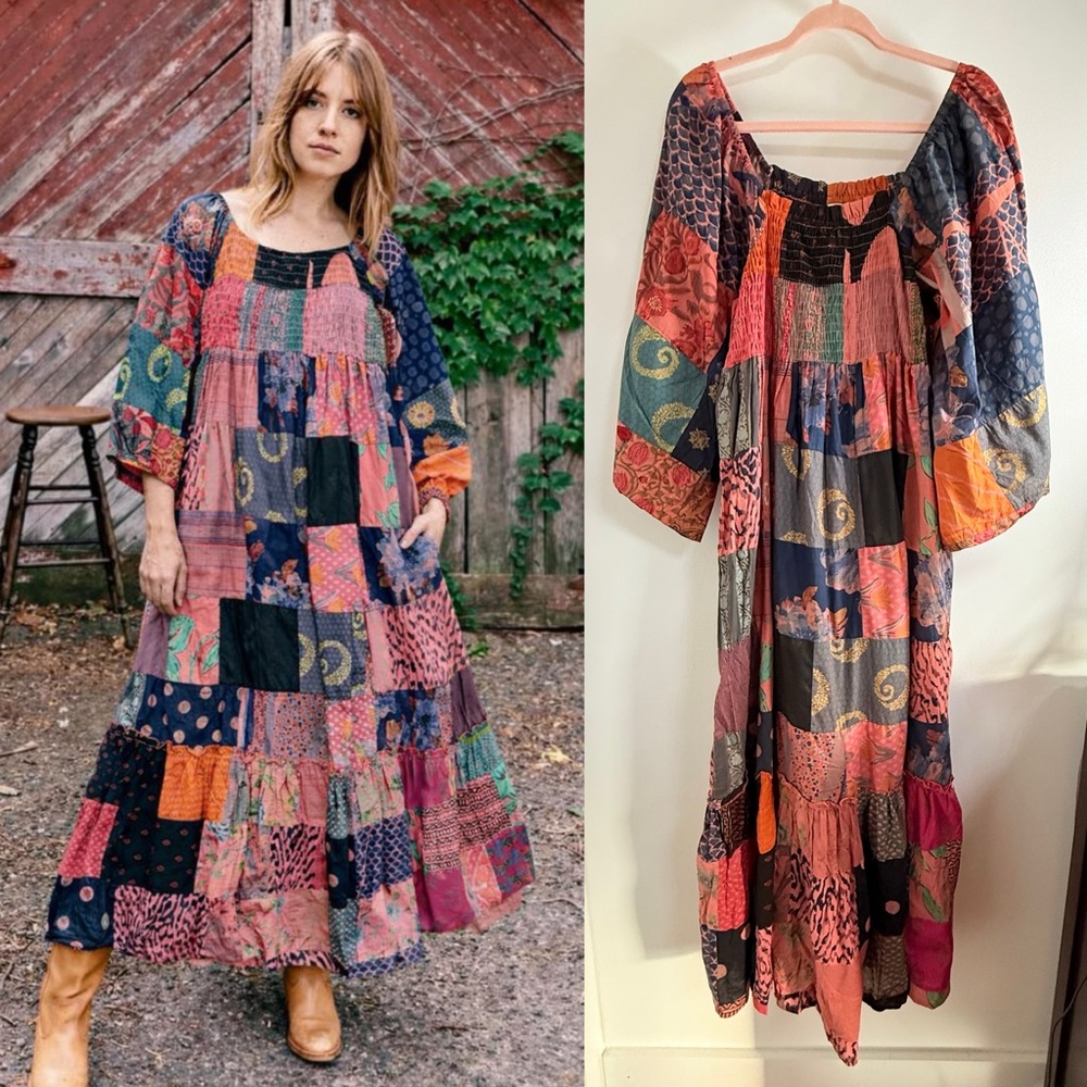 EARTHBOUND Patchwork Maxi Dress in Navy, Rust, Pink, Green